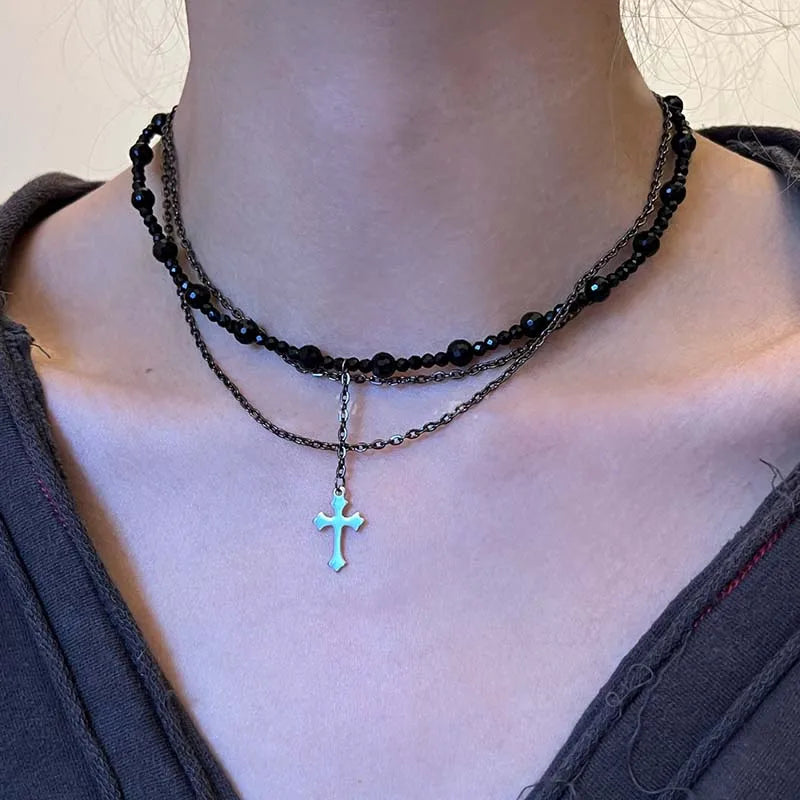 Gothic Punk Y2K Black Crystal Cross Pendant Necklace for Women Vintage Multi Layer Bead Necklace 90s EMO Charm Jewelry Gift