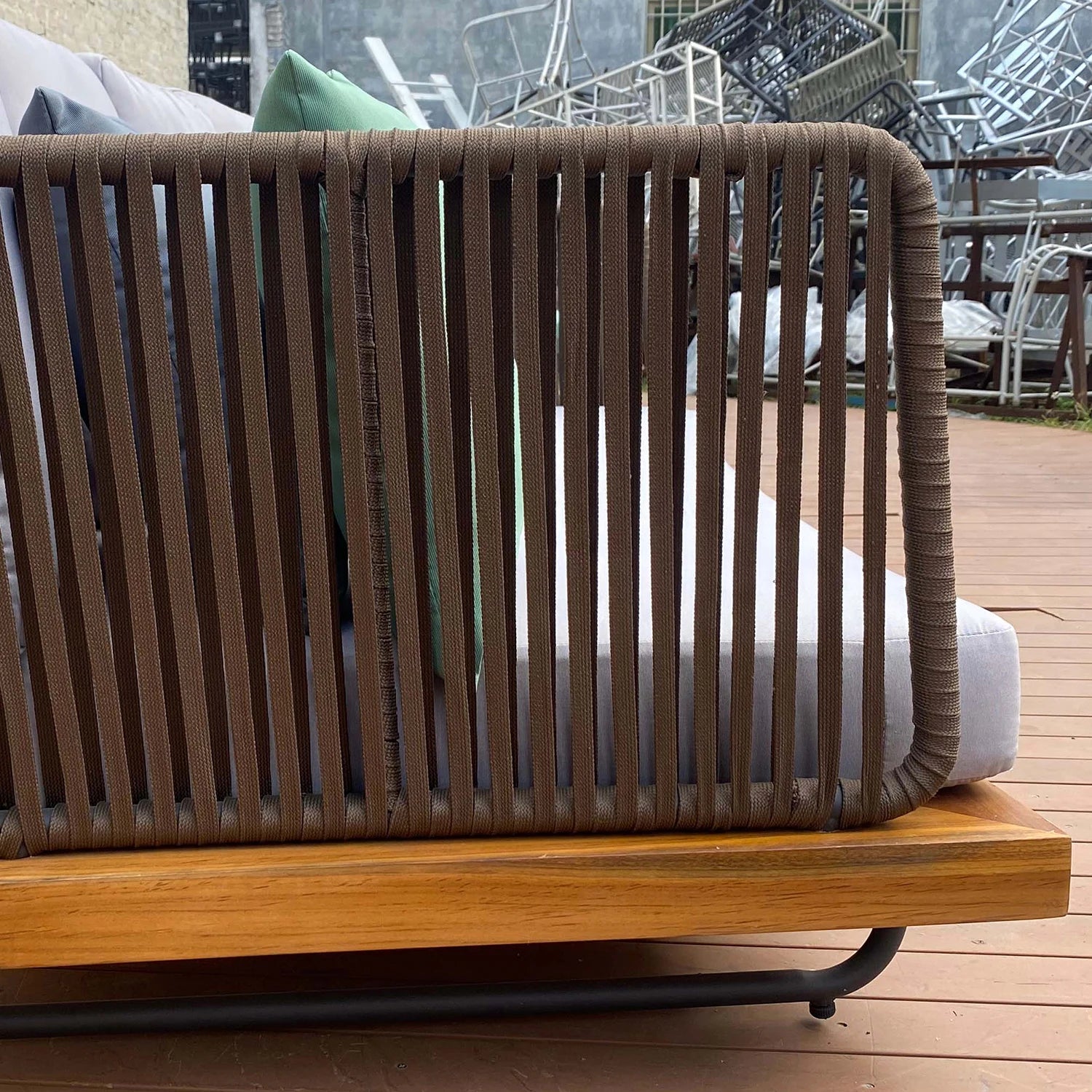 Garden Patio Modern Design Hand Woven Rattan Wicker Olefin Rope Teak Base Outdoor Sectional Sofa Set