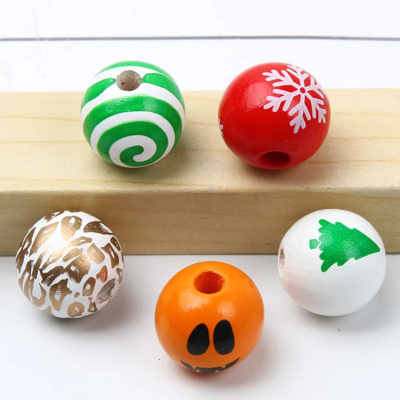 Round Balls Red Green Wooden Beads 15mm Cartoon Tree Letter Pattern Halloween Christmas Beads For Jewelry Making DIY Accessories