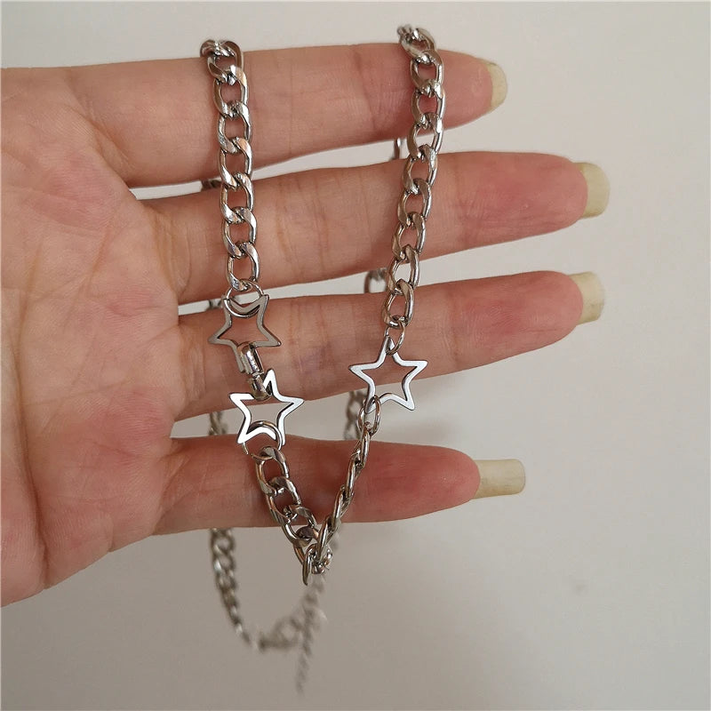 Kpop Goth Vintage Cool Y2K Star Pendant Beaded Silver Color Chain Necklace For Women Men Aesthetic Grunge EMO Jewely Accessory