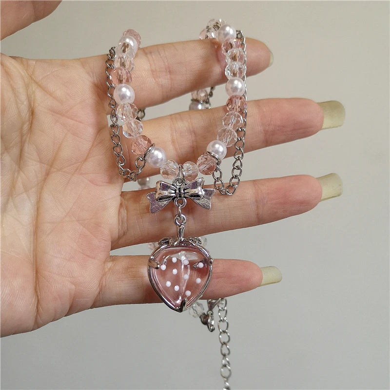Gothic Vintage Pink Cross Strawberry BowTassel Pendant Pearl Beaded Snake Chain Necklace Women Y2K 2000s EMO Jewelry Accessories