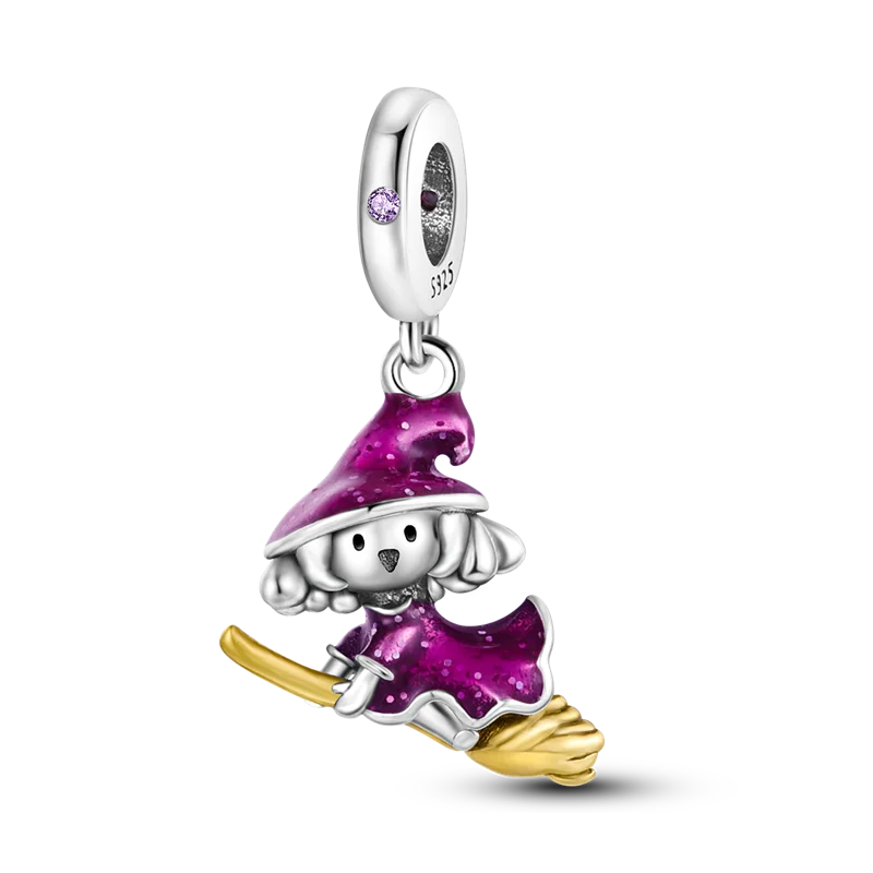 Halloween Dangle 925 Sterling Silver Skeleton Witch Devil's Eye Skull Charms Bead Fit Original Bangle Bracelet Necklace Jewelry