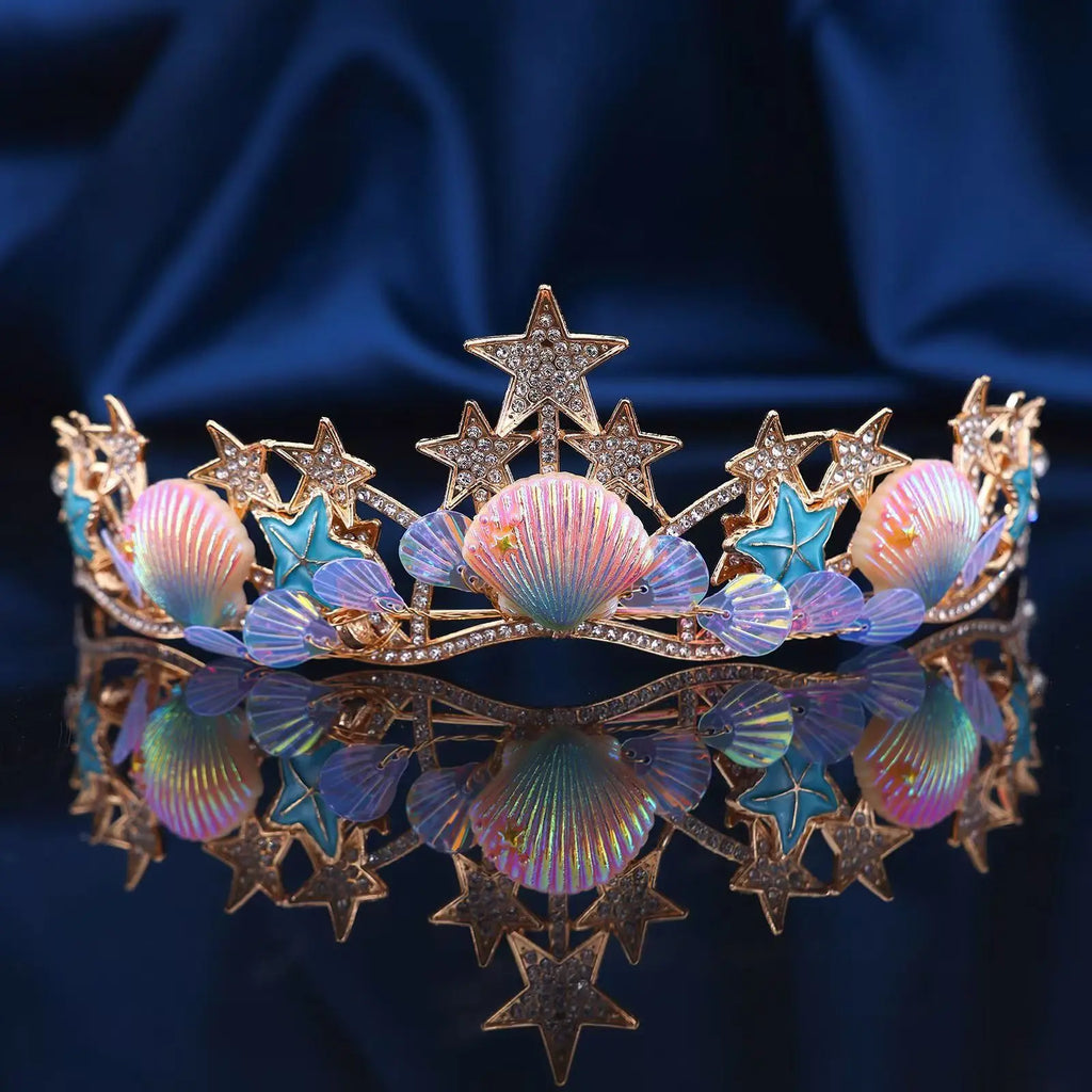 Ocean Style Mermaid Crown Halloween Costume with Seashell & Starfish Hair Accessories Women Girls Birthday Party Tiaras