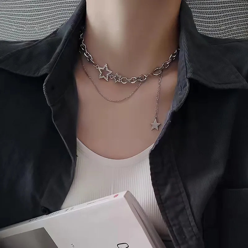 Y2K Star Zircon Pendant Necklace for Women Luxury Sweet Cool Girl Punk Heart Clavicle Chain 2024 New Fashion Jewelry Party Gift