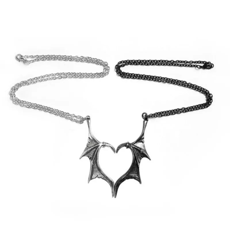 Bat Wing Necklace Men's Fashion Pendant Love Couple Stitching Alloy Necklace White Black Dragon Wing Heart Pendant Hip-hop Punk