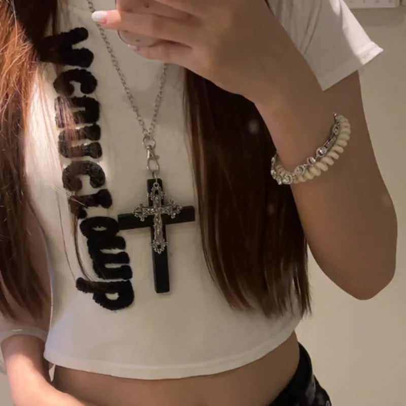 Gothic Big Zircon Cross Necklace Unisex Y2K Irregular Goth Large Cross Pendant Necklaces  for Men Women Couple Necklace Jewelry