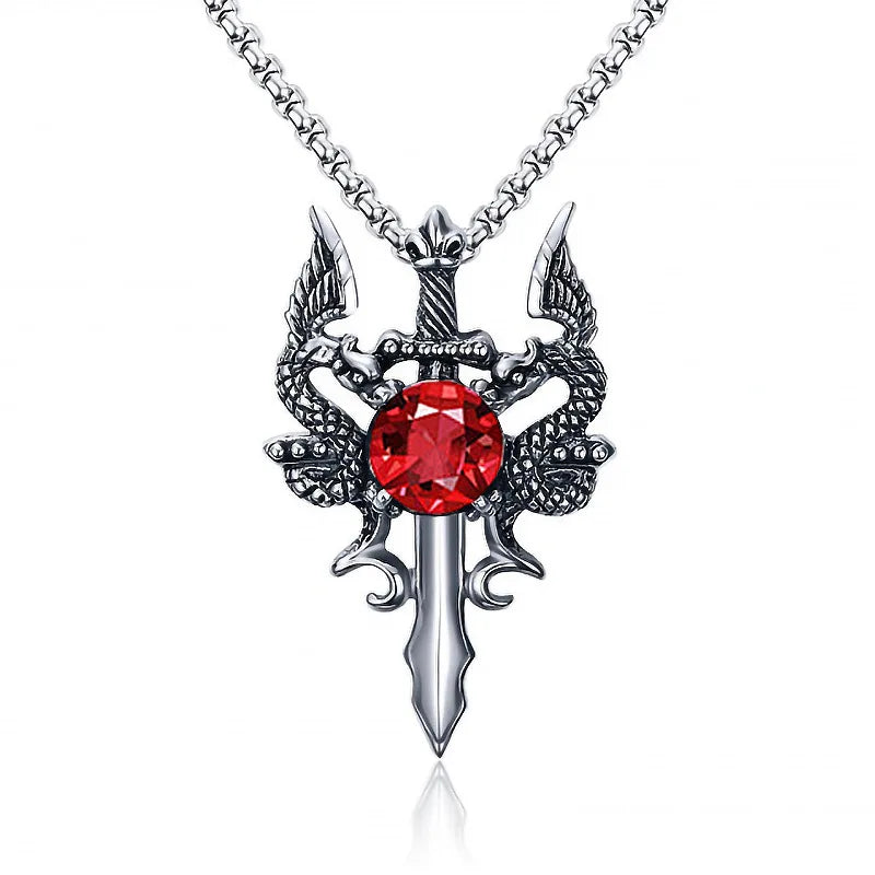 Double Dragon Red Stone Sword Cross Pendant Necklace For Men INS Vintage Stainless Steel Neck Chain Cool Hip Hop Jewelry Gifts