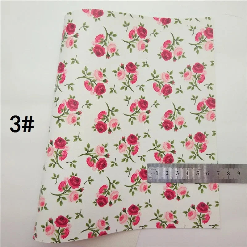 Spring Rose Flowers Printed Synthetic Leather Faux Fabric Sheets Felt Backing Vinyl For Earrings bag Bows DIY GM2381B
