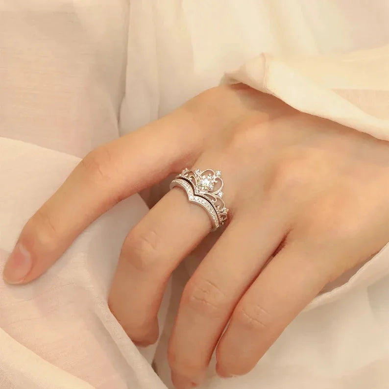 Stainless Steel 2PCS Crystal Crown Adjustable Ring Irregular Geometry Vintage Rings Set for Women Girls New Fashion Jewelry Gift