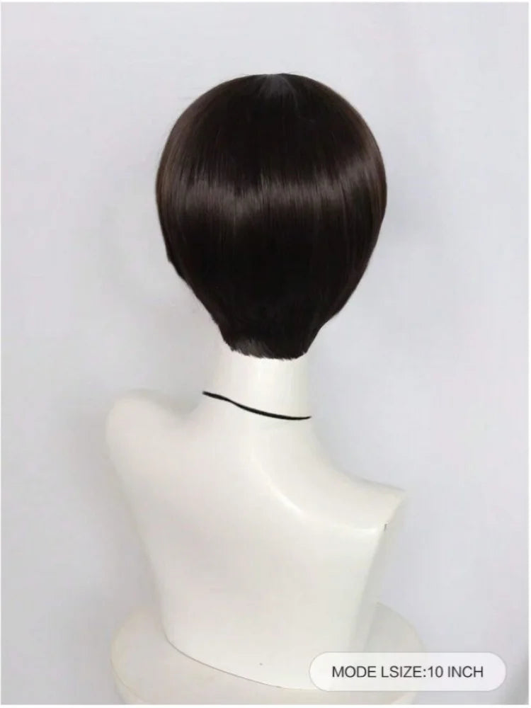 Short brown cosplay wig for men, synthetic bowl cut hair, anime retro wig, suitable for movies, parties, Halloween, Christmas