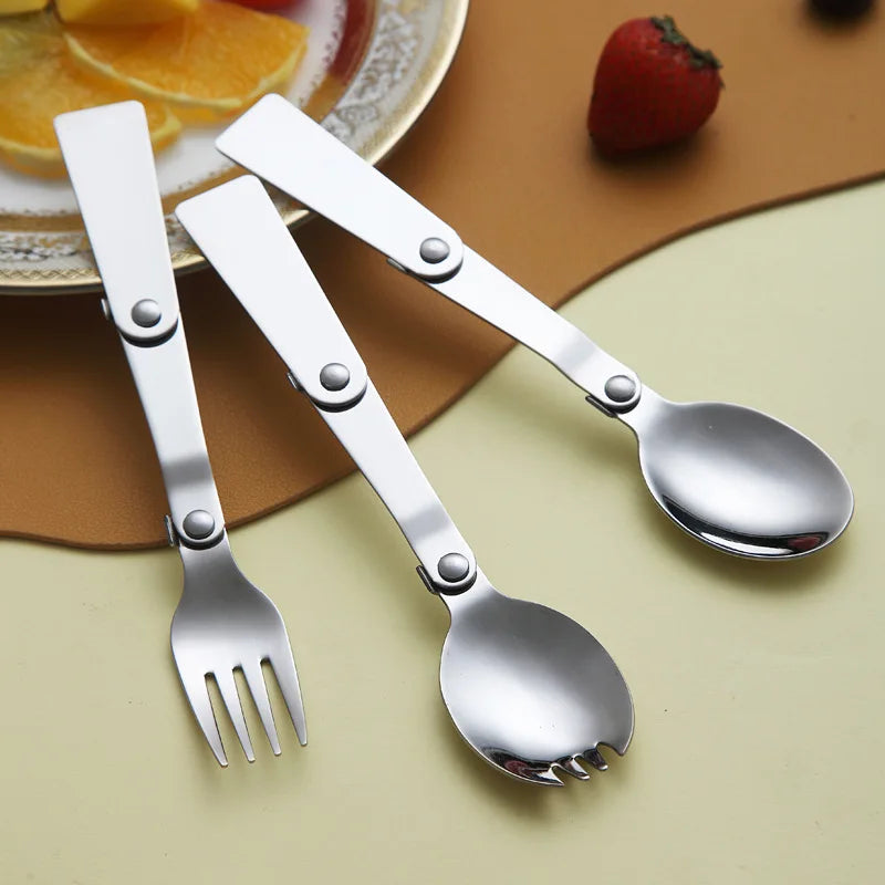 5PCS 304 Stainless Steel Folding Spoon Creative Gift Tableware Outdoor Portable Three Fold Spoon Fork Travel Folding Spoon