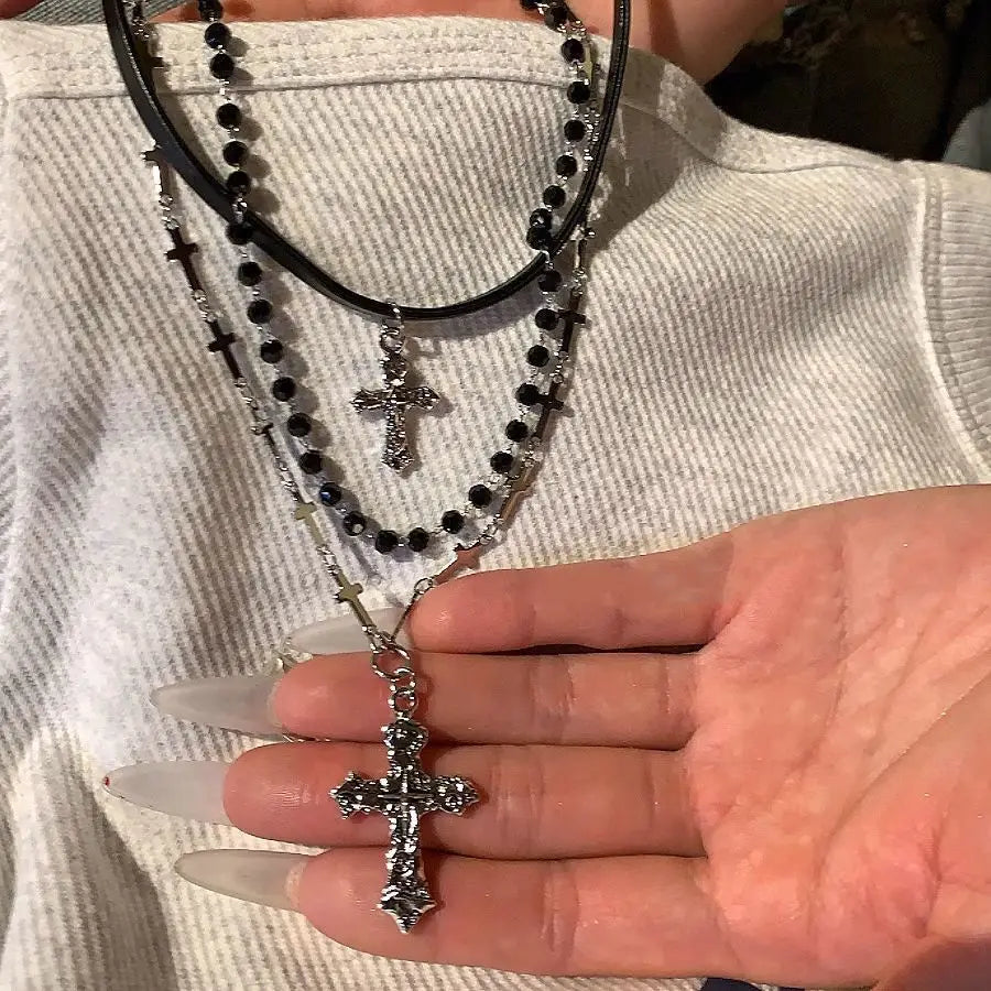 Gothic Punk Y2K Metal Cross Pendant Necklace For Women Men Lovers Vintage Multi Layer Bead Necklaces 90s EMO Charm Jewelry Gift