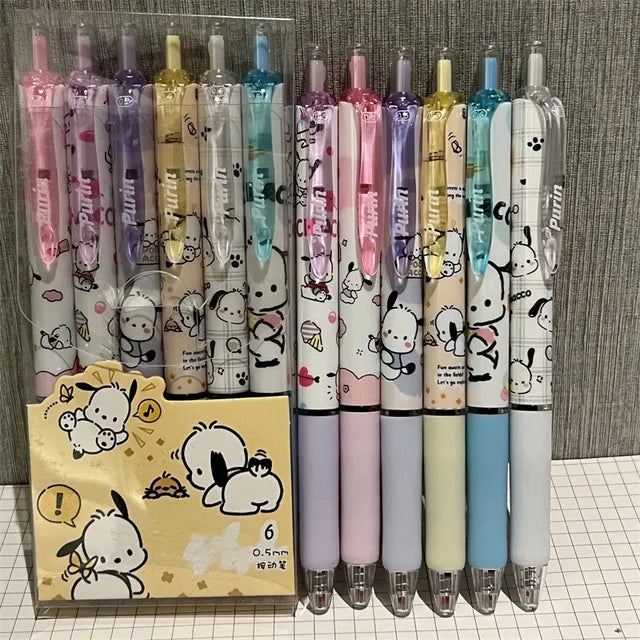 Sanrio Hello Kitty 6pcs Series Gel Pen 0.55mm Refill Y2k Cinnamoroll Kuromi MelodyCartoon Press Pen Black Stationery Supplies