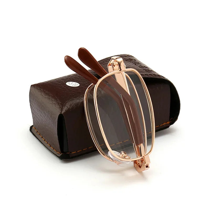 2024 Bifocal Folding Reading Glasses With Leather Box Men Women Collapsible Metal Lenses Eyewear Farsighted Eyeglasses Diopter