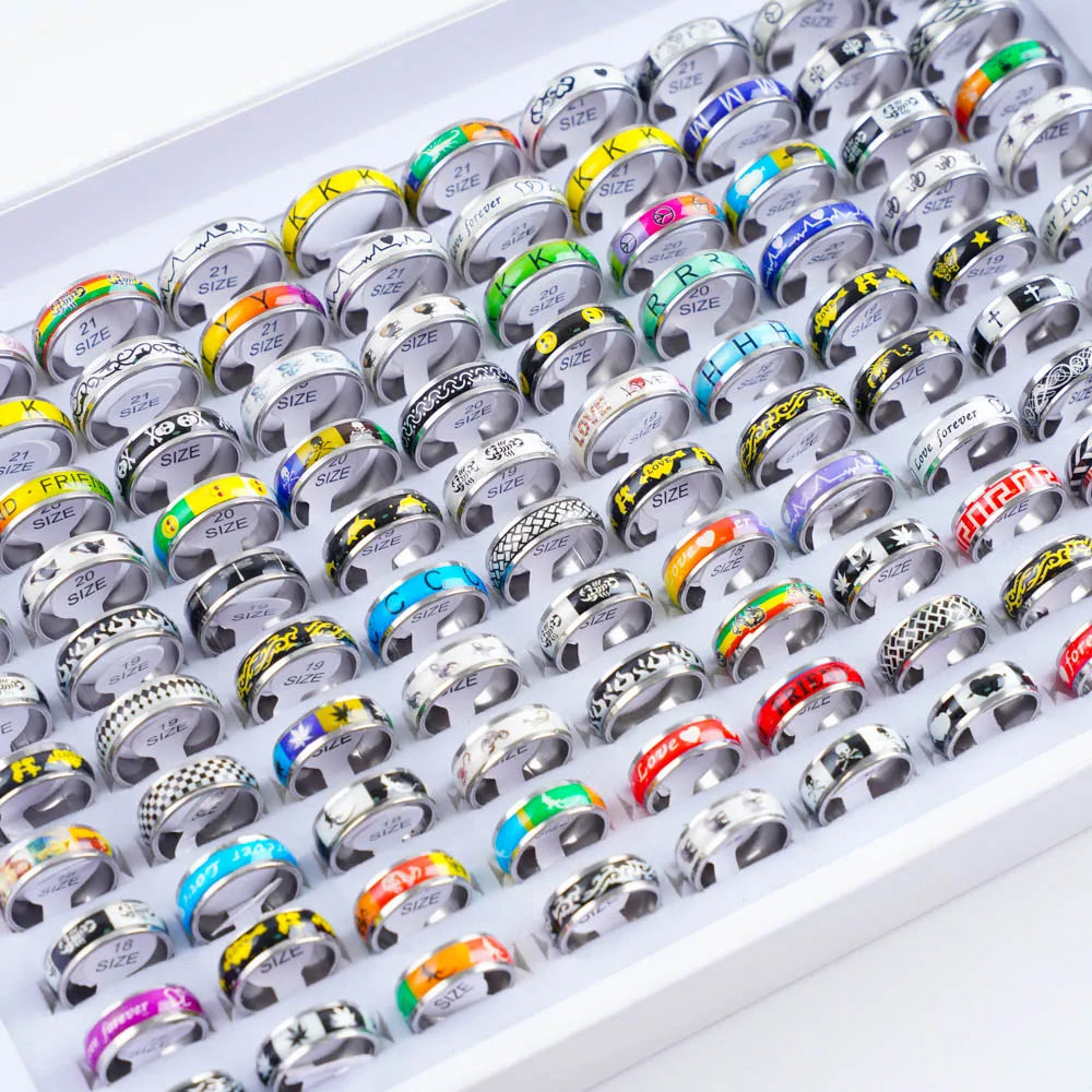 10/20/30/50Pcs Classic Fashion Stripe Hollow Colorful Sticker Stainless Steel Ring Trend Women Jewelry Party Decoration Gift