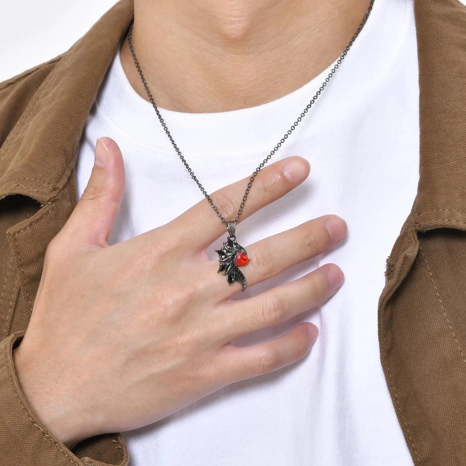 Mprainbow Angel Devil Wings Couple Pendant with Red Heart Stone,Black and White Simple Valentine's Day Gift Necklace Set