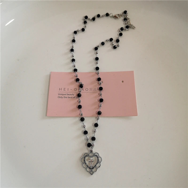 Gothic Vintage Pink Cross Strawberry BowTassel Pendant Pearl Beaded Snake Chain Necklace Women Y2K 2000s EMO Jewelry Accessories