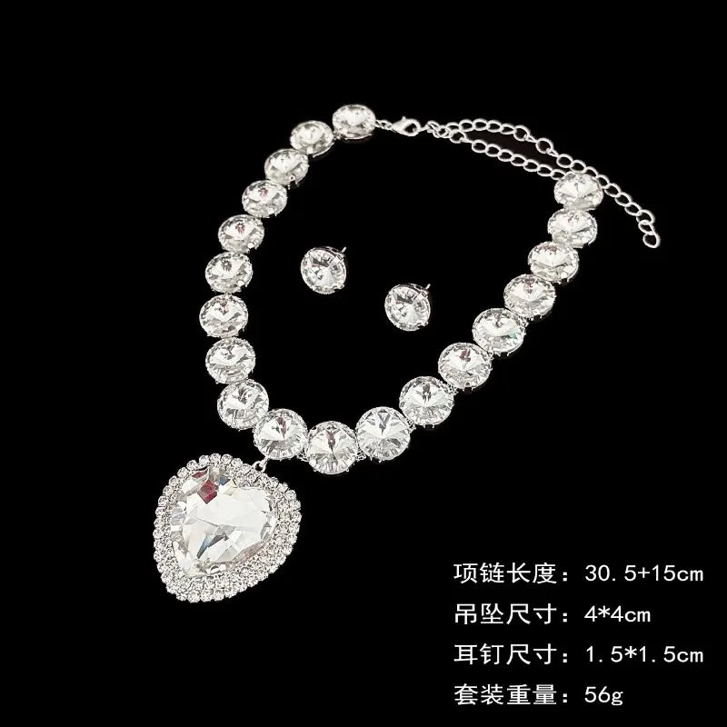 Necklace, earring, jewelry set, women's exaggerated heart-shaped collarbone chain, fashionable and simple jewelry, holiday gift