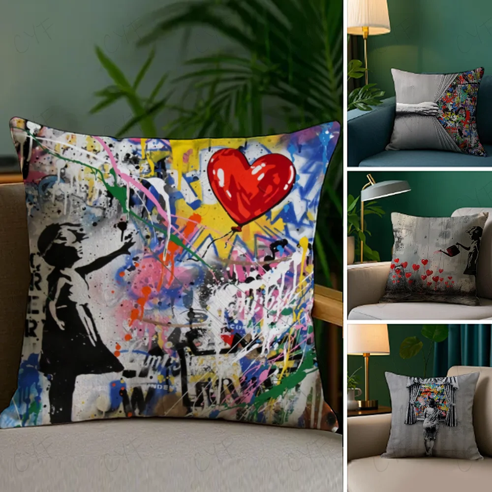 Banksy Street Graffiti Art Pillow Case Anti-dustmite Pillowcase Invisible zipper silky short plush Sofa cushion cover