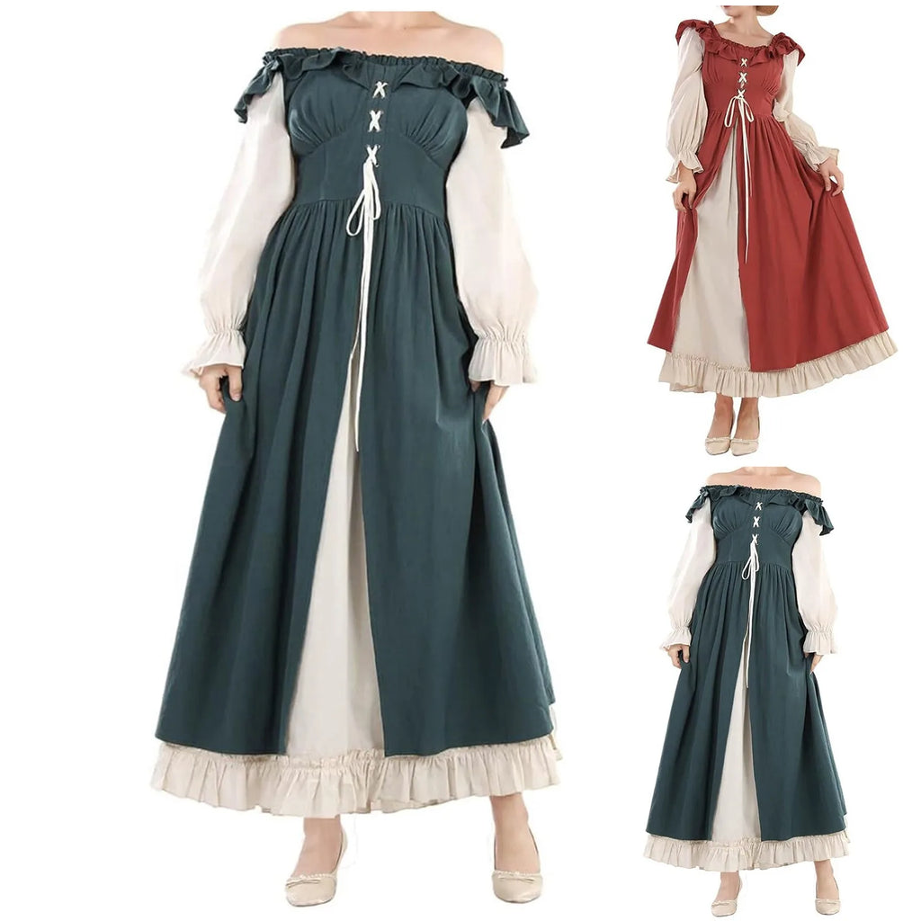 Medieval Tunic Dress For Women Cosplay Medieval Fairy Long Sleeves Halloween Dress A Line Slim Pleated Halloween Cosplay Costume