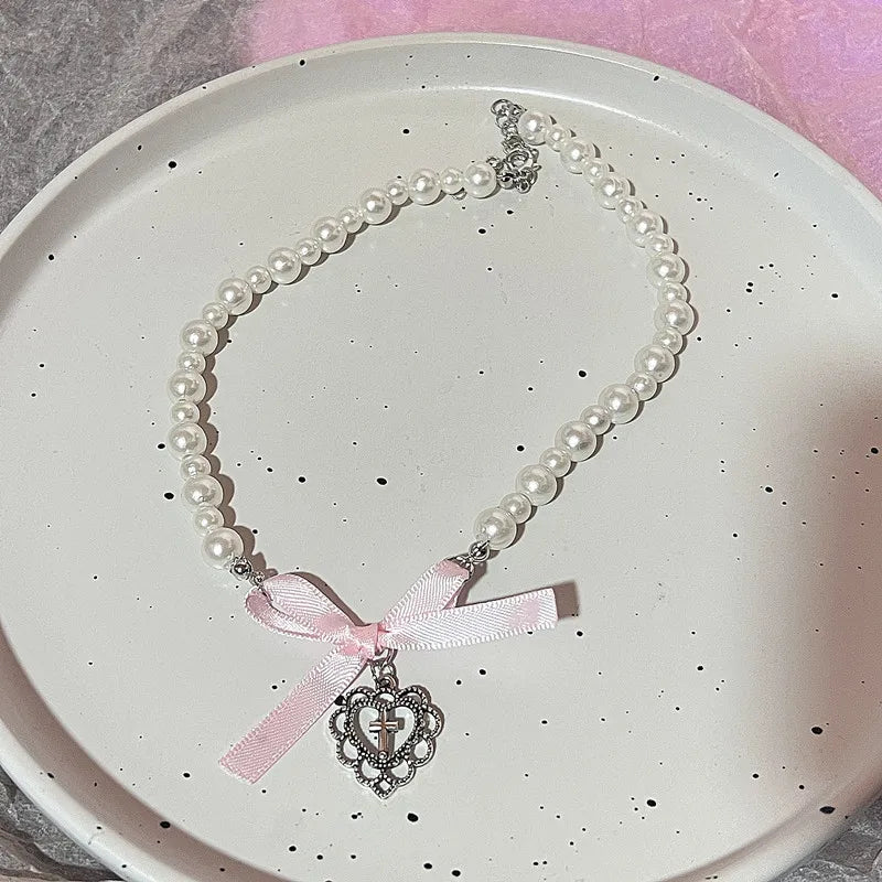 Kpop Goth Y2K Heart Bowknot Pendant Choker Necklace Clavicle Chain For Women