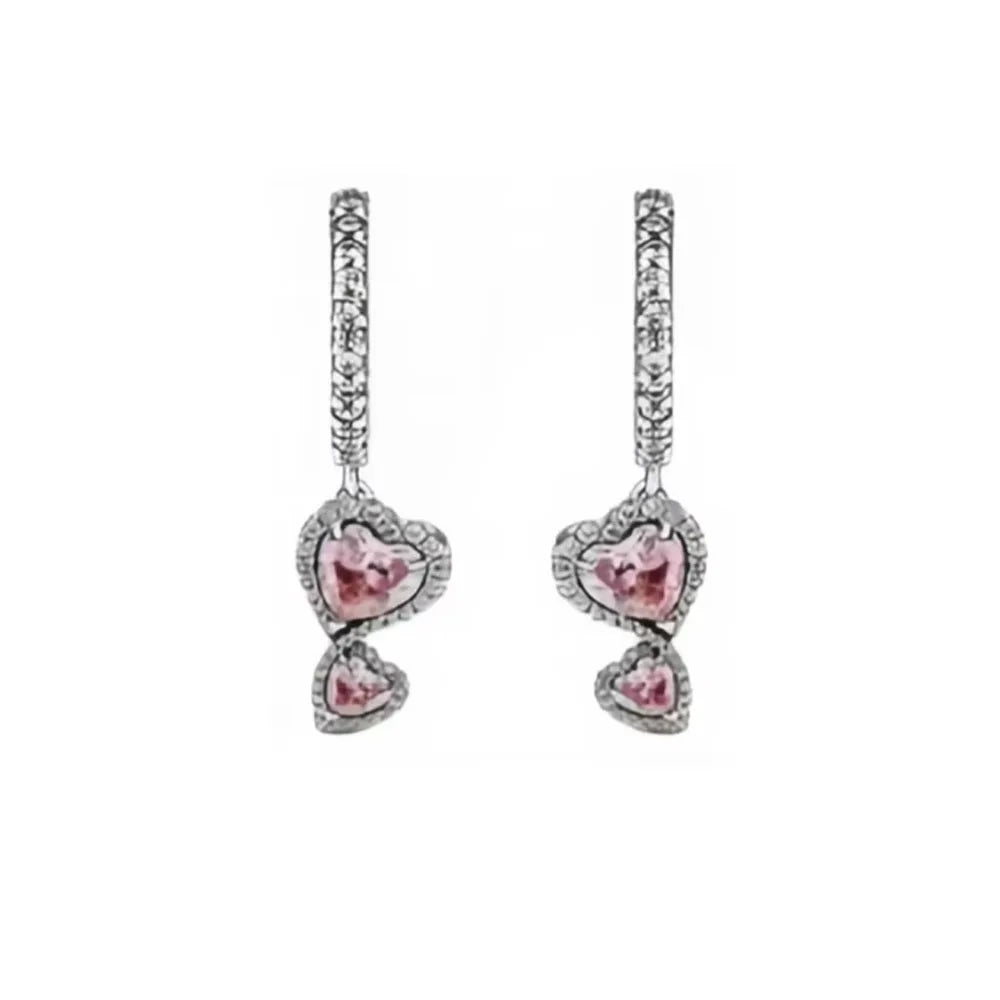 New 925 silver white pink double heart-shaped necklace ring earrings, suitable for Valentine's Day and women's holiday gifts