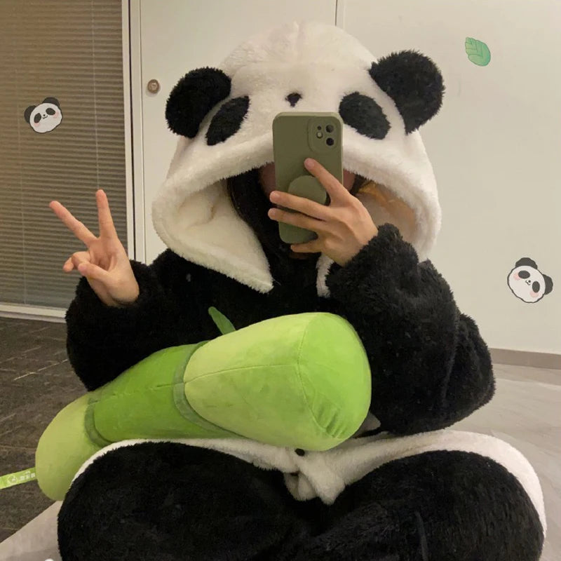 Women's Onesies Flannel Cosplay Costume Dinosaur Panda Fox Animal Pajama Cartoon Hooded Sleepwear Halloween Christmas Nightdress