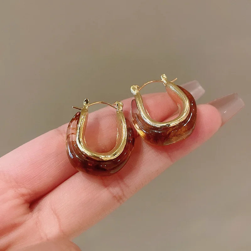 Vintage Dripping Oil U-shaped Earring for Women Simple Hoop Earrings Temperament Personality All-matching Jewelry Female 2024