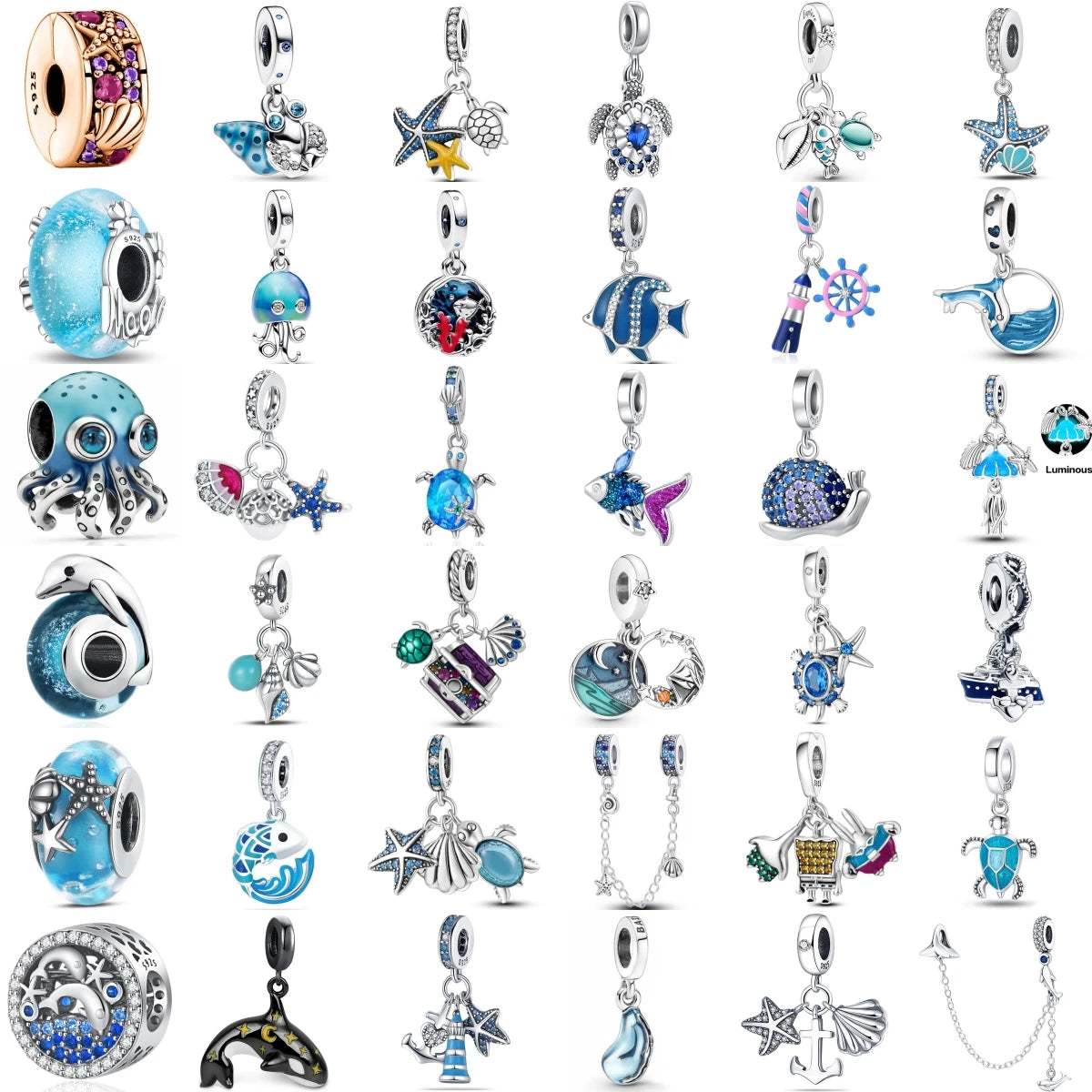 New 925 Sterling Silver Charm Fit Original Bracelet Accessories Women Jewelry Blue Ocean Series Octopus Dolphin Ship Lighthouse