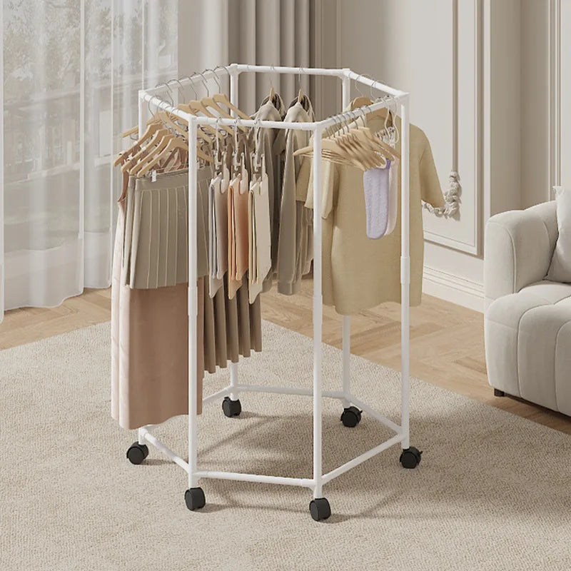 Hexagonal Rotating Clothes Rack on Wheels - Sturdy 16mm Metal Tube Freestanding, Space Saving Vertical Hanger for Dresses