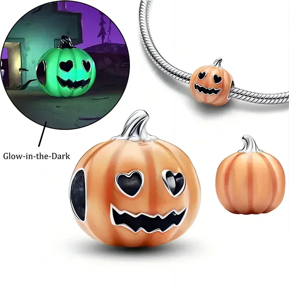 Original 925 Sterling Silver Halloween Charms Pumpkin Skull Witch Ghost Bead Earrings Pendant Fit Bracelet Necklace Jewelry