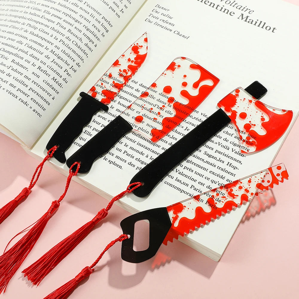 1Pcs Horror Knife Clear Acrylic Bookmark with Tassel, Halloween Themed Series Chopper Saw with Blood, Halloween for Bookworms