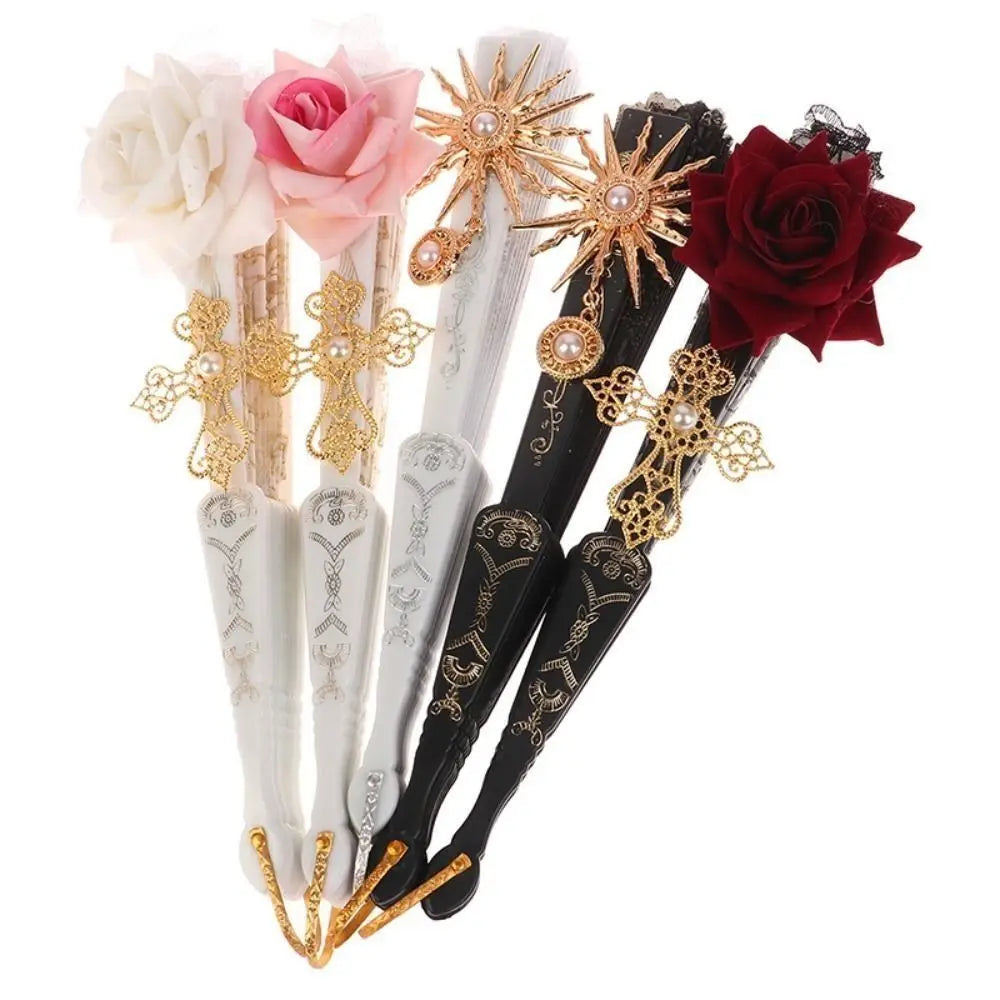 Gothic Court Lolita Lace Fan Dance Hand Fan Lace Rose Folding Fan Props for Photography