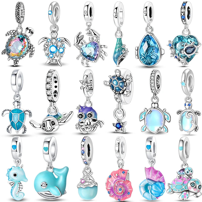 Fashion 925 Sterling Silver Summer Ocean World Series Sea Turtle Starfish Crab Octopus Charms Beads Fit 925 Bracelet DIY Jewelry