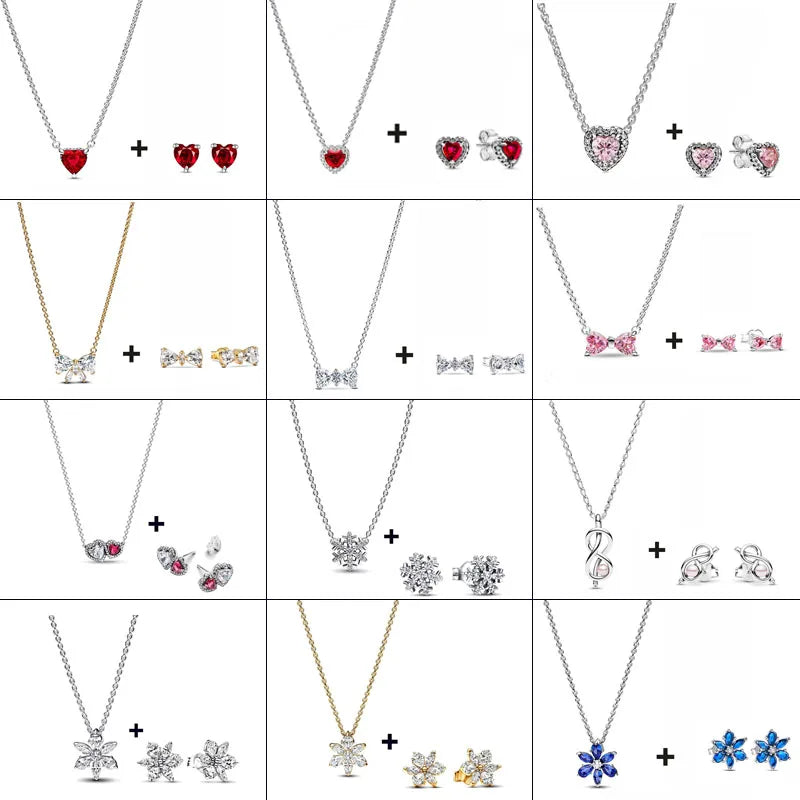 S925 Silver Valentine's Day Red Heart Charm Earring Snowflake Earrings Bow Heart Necklace DIY For Women Fine Jewelry Gift
