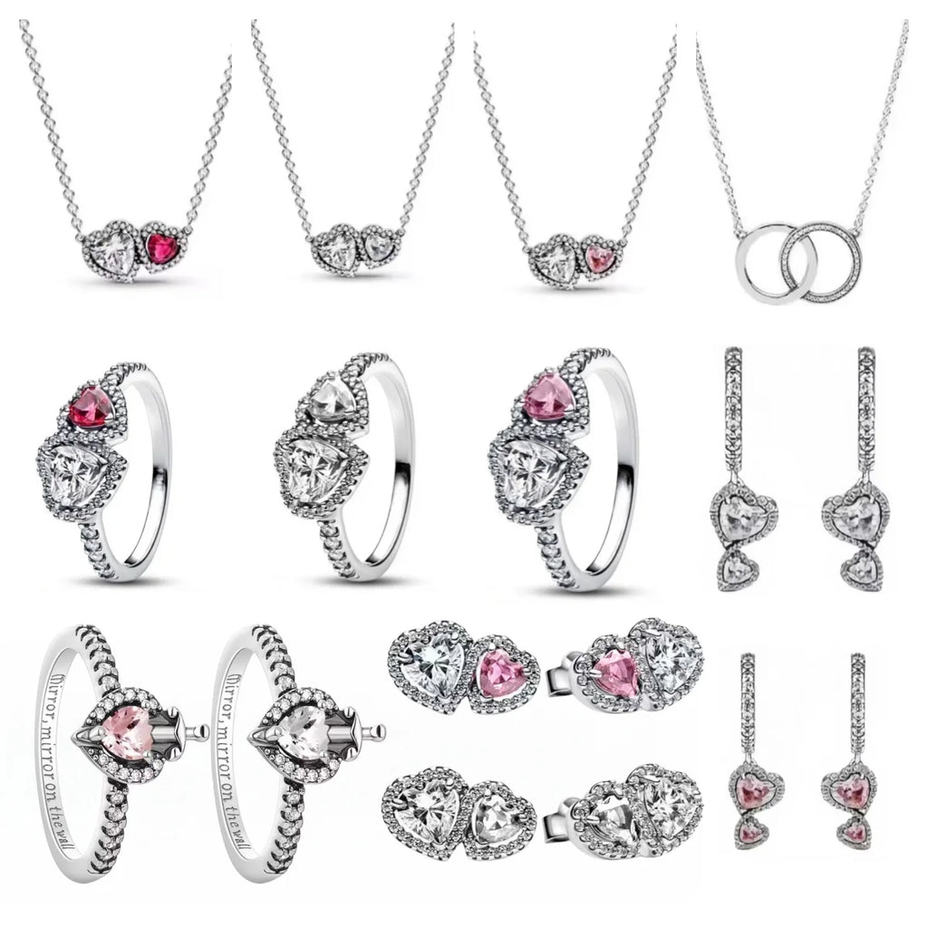 New 925 silver white pink double heart-shaped necklace ring earrings, suitable for Valentine's Day and women's holiday gifts