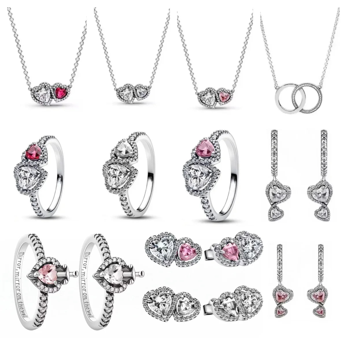 New 925 silver white pink double heart-shaped necklace ring earrings, suitable for Valentine's Day and women's holiday gifts