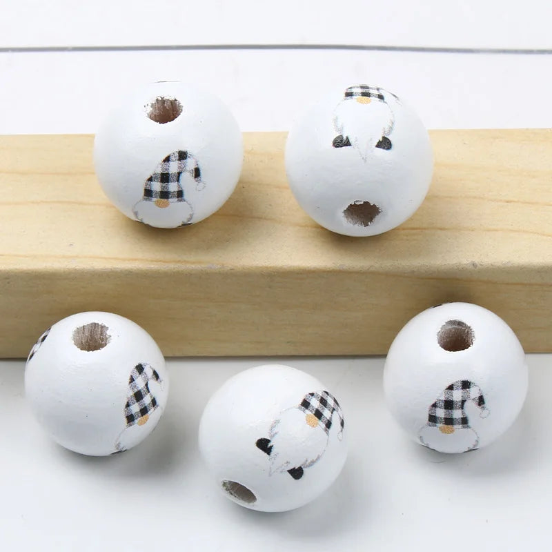 Round Balls Red Green Wooden Beads 15mm Cartoon Tree Letter Pattern Halloween Christmas Beads For Jewelry Making DIY Accessories