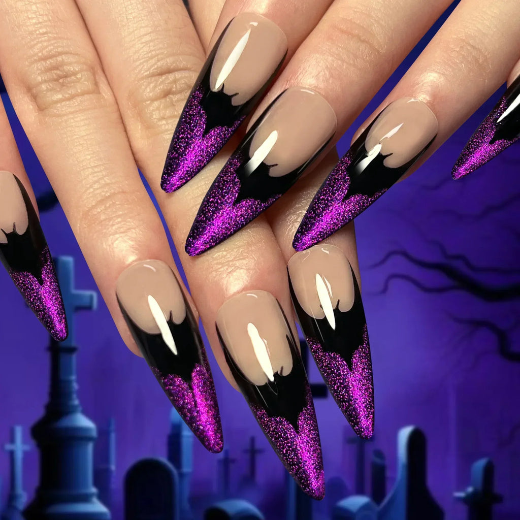 24pcs Halloween Fake Nails Black Red Gradient False Nails Dark Halo Wave Artificial Nails Wearable Long Stiletto Nail with Glue