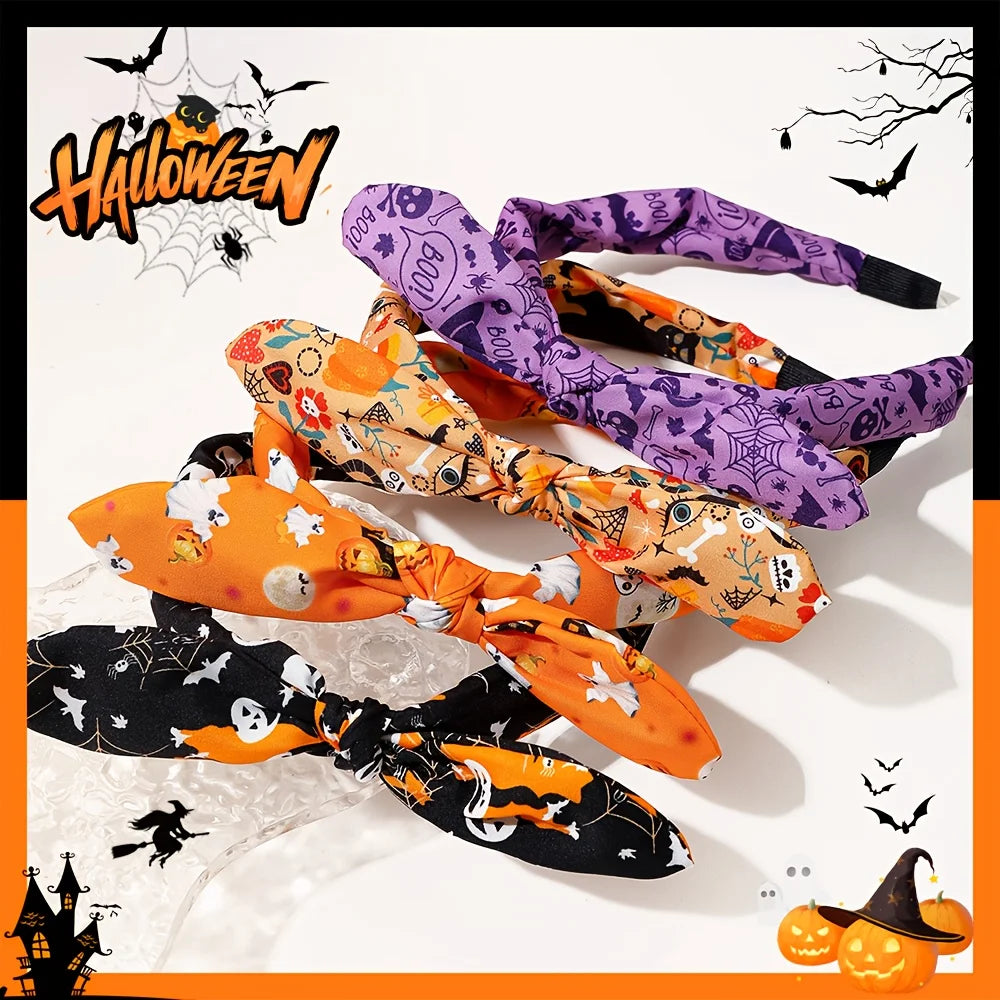 1/4 pcs Halloween Bunny Ear Headband for Girls, Quirky Pumpkin Ghost Bat Pattern Multicolor Hair Accessory