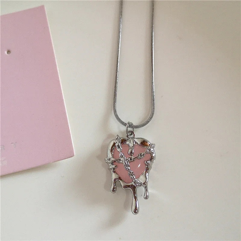 Kpop Vintage Pink Heart Bowknot Pendant Stainless Steel Snake Chain Necklace Girl Goth Y2k Aesthetic Rave Jewelry Accessories