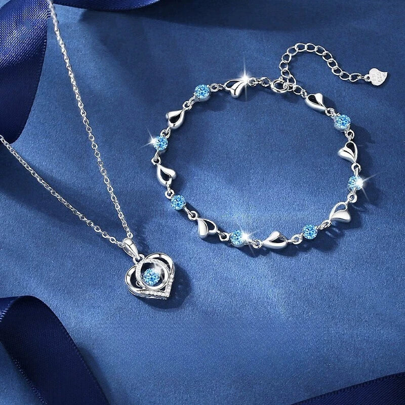 925 Sterling Silver Heart Shaped Necklace Bracelet Set for Women Vintage Korean Blue Crystal Bracelets Jewelry Set Party Jewelry