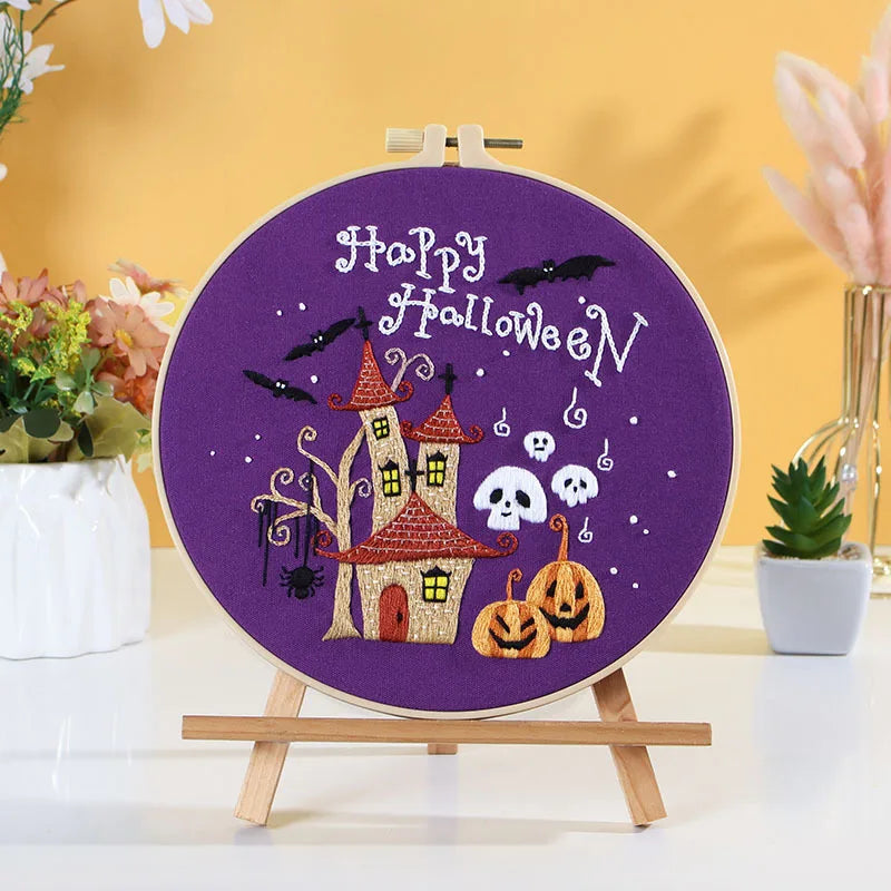 Halloween Embroidery Kits, Cross Stitch Kit for Beginners Adults DIY Spider Pumpkin Wreath Crafts Embroidery Kit