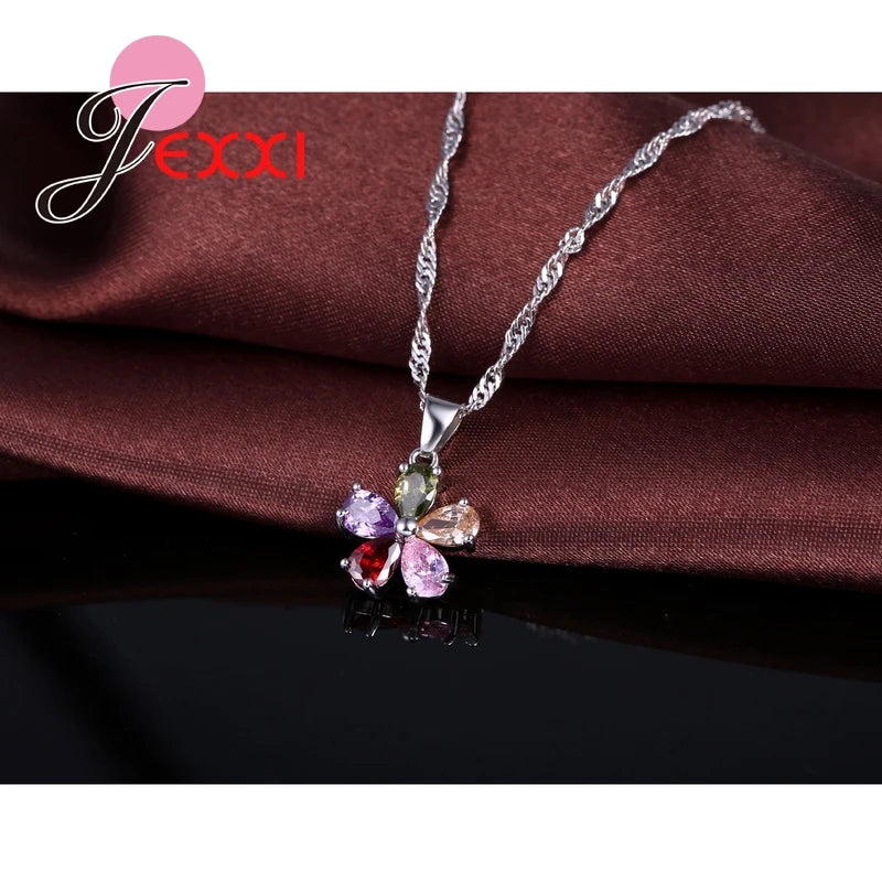 Shinning Flower Colorful CZ Crystal Pendant Jewelry Sets 925 Sterling Silver Pendant Necklace + Dangle/Hoop Earring Sets