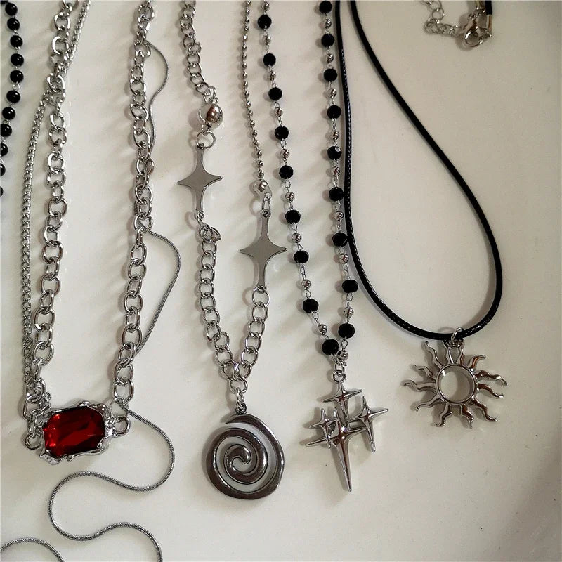 Punk Gothic Red Glass Cross Heart Pendant Pearl Necklace For Women Men Hip Hop Y2K 90s Short Choker Charms Jewelry Accessories