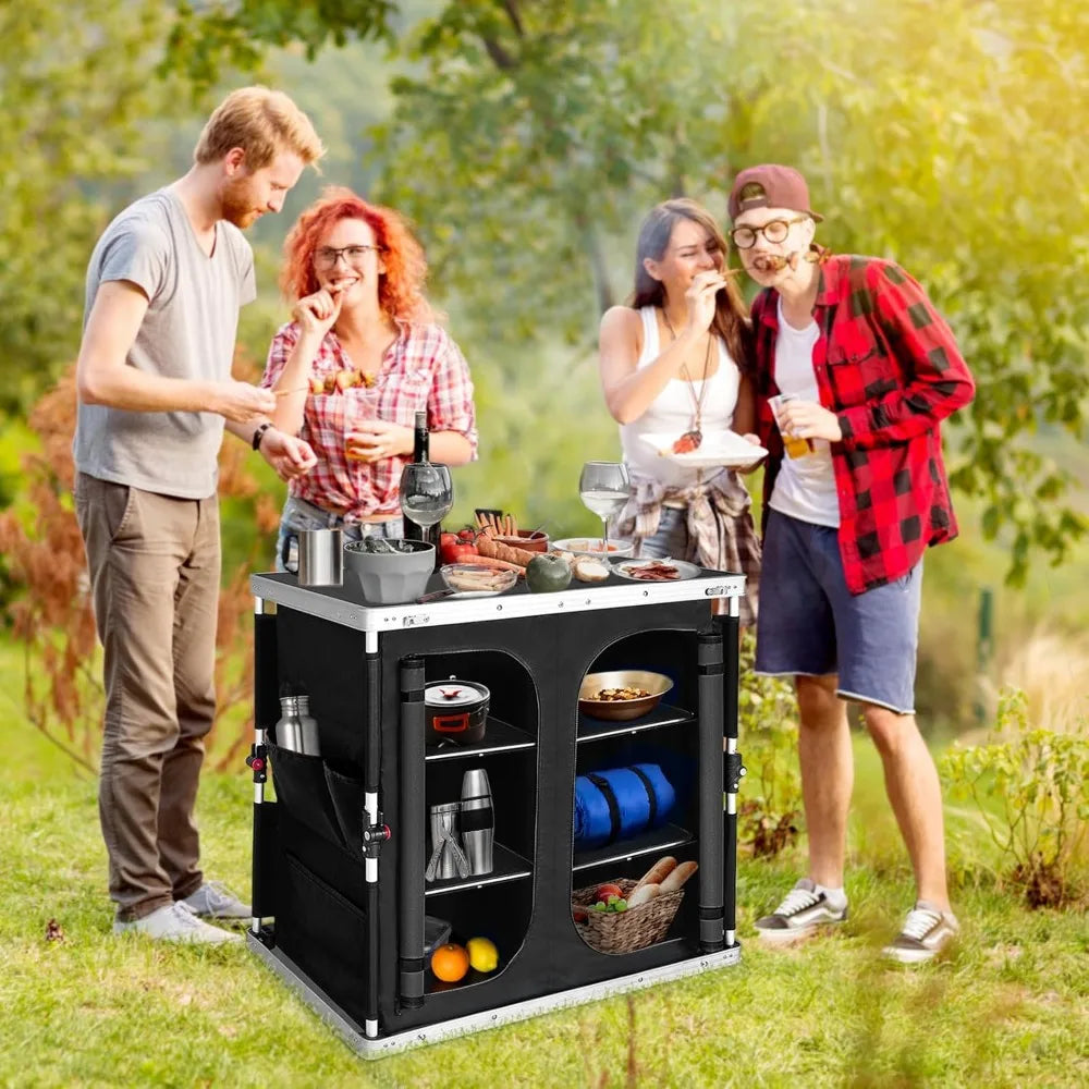 Double Outdoor Folding Camping Table with Large 3-Tier Storage Organizer and Side Pockets, Easy Set Up Portable Aluminum