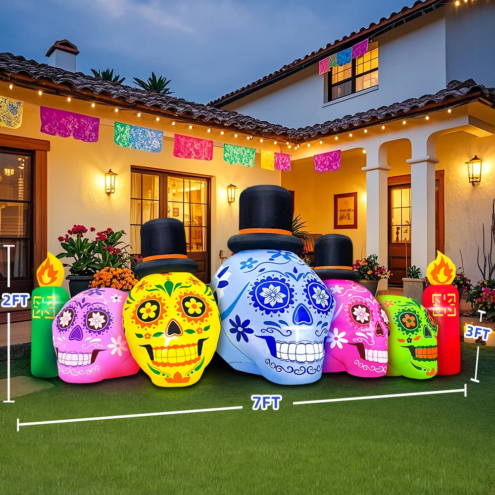 KOOY 7 FT Halloween Inflatable Decoration Five Colorful Skulls Outdoor Holiday Decor,LED Lights Blow Up Halloween Decoration