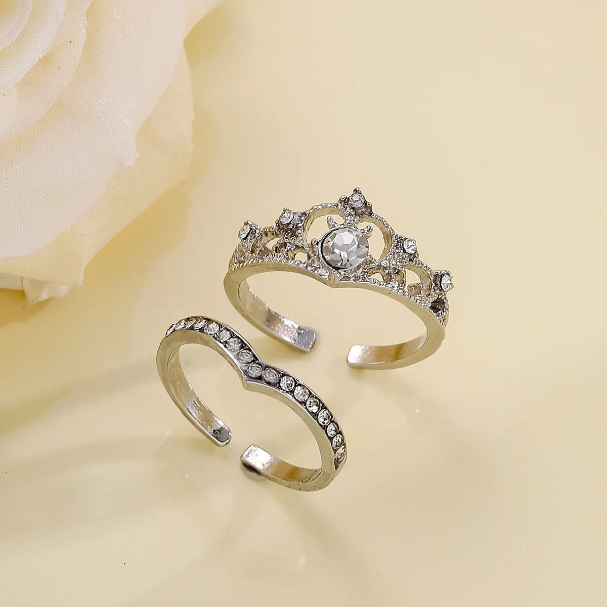 Stainless Steel 2PCS Crystal Crown Adjustable Ring Irregular Geometry Vintage Rings Set for Women Girls New Fashion Jewelry Gift