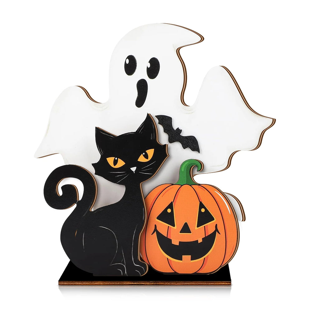 Halloween Wooden Decor - Ghost, Black Cat and Pumpkin Figurine for Home Party Ornament
