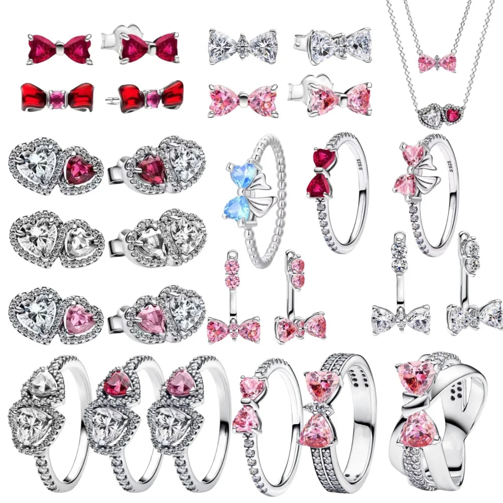 Original 925 Sterling Silver Colorful Bow Set Necklace Ring Earring Crystal For Women Valentine's Birthday Gift DIY Jewellery